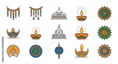 Diwali festival icons collection, including diyas, mandala, Indian temple, and traditional decorations for Hindu celebrations