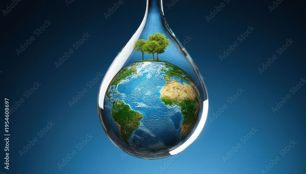 Fototapeta premium A water droplet encapsulates a small Earth, featuring lush trees. The Earth and trees demonstrate a connection between nature and water.