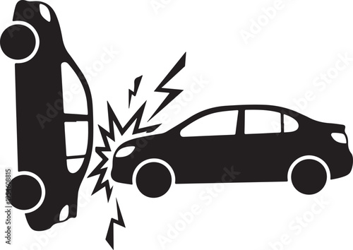 Car accident silhouette showing side impact collision between two vehicles with crash effect symbol representing road safety and insurance incidents
