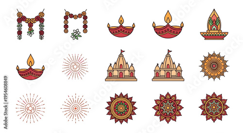 Diwali festival icons including diyas, mandalas, and temple illustrations, celebrating Indian culture and traditions