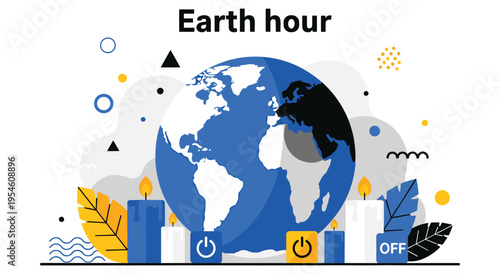 Earth hour concept illustration with globe and lit candles for climate action logo