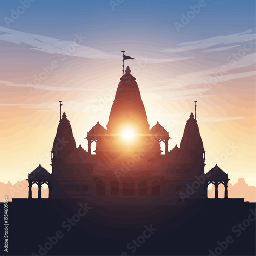 Serene Silhouette of a Majestic Temple at Sunrise, Bathed in Golden Light