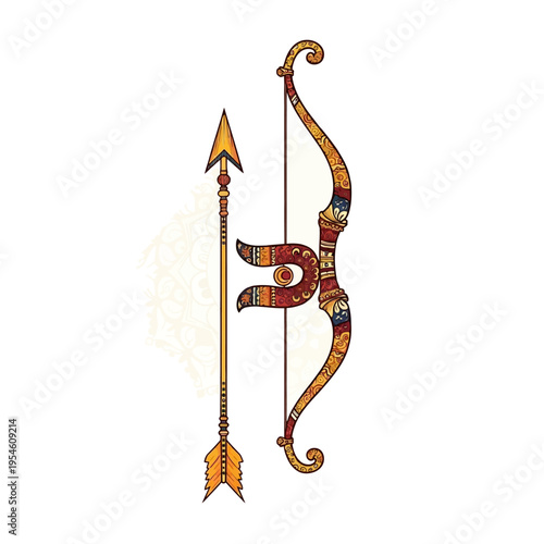 Ornamental bow and arrow with intricate traditional Indian patterns, symbolizing archery and skilled marksmanship