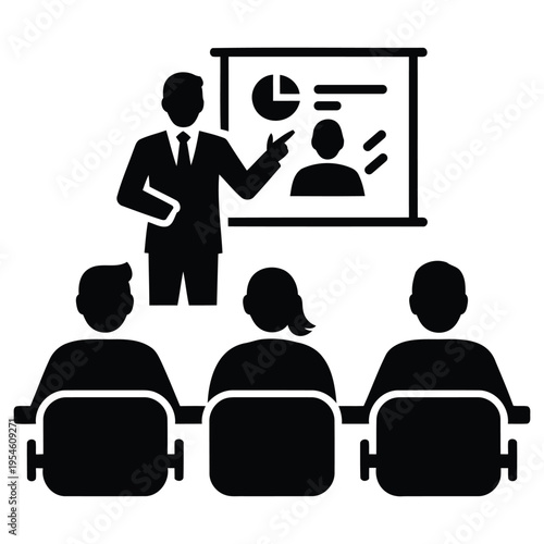 Employee training vector .eps with presenter and audience business education seminar and team learning concept for corporate meeting in simple silhouette illustration style