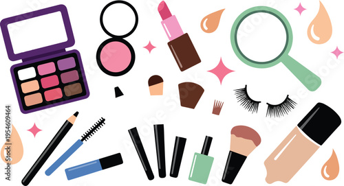 Hand drawn cosmetics set with mascara lipstick eyeshadow brush concealer sponge and beauty products trendy doodle outline vector illustration