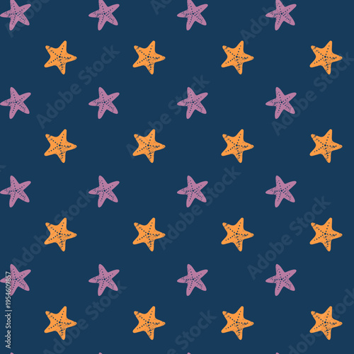 Seamless pattern with starfish. Srarfishes with soft grain texture. Summertime background