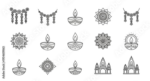 Collection of Hindu Festival Symbols Diya, Mandala, and Temple Icons for Celebrations