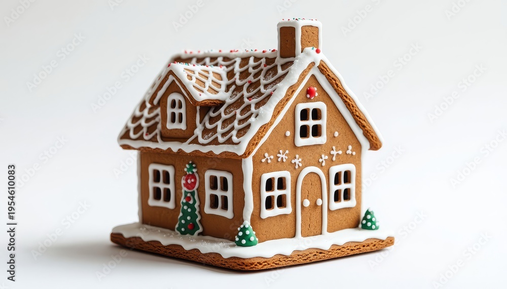 Fototapeta premium The gingerbread house features a detailed roof and decorated windows. This festive gingerbread house displays icing and colorful decorations for the holiday season.
