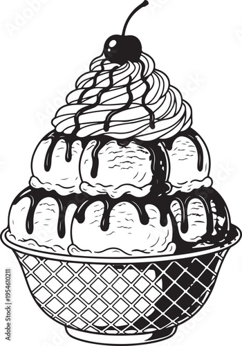 Delicious ice cream sundae with whipped cream and cherry topping in waffle bowl illustration for dessert menu design and summer food advertisement