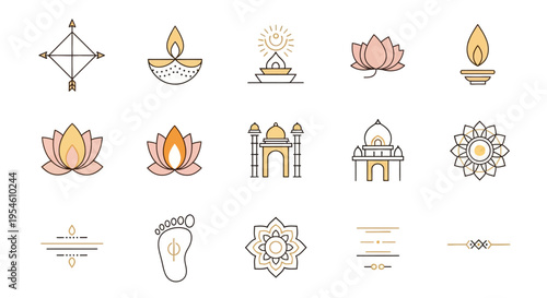 Indian cultural icons representing spirituality, festivals, and traditions with lotus flowers and geometric patterns