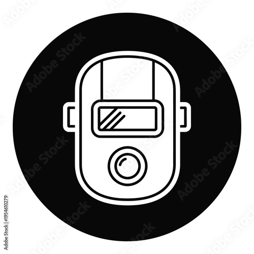 Simple line drawing of a welding mask on a circular background icon