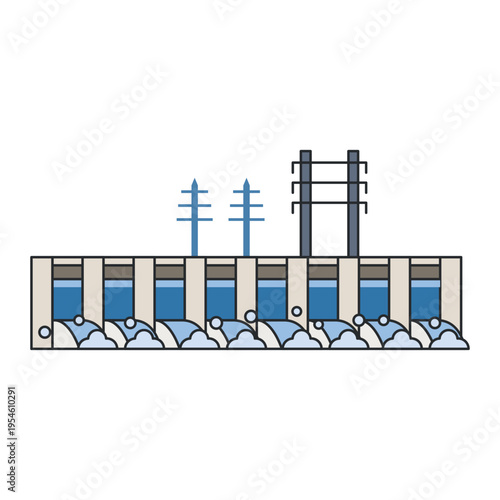 Hydroelectric dam with water flow, power lines and industrial structure isolated on white background. Energy infrastructure concept.