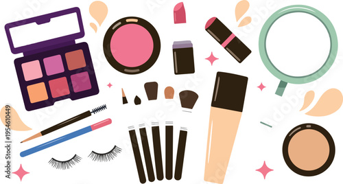 Hand drawn cosmetics set with mascara lipstick eyeshadow brush concealer sponge and beauty products trendy doodle outline vector illustration