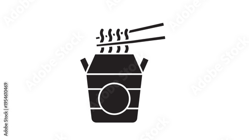 Noodles takeout box icon with chopsticks holding steaming noodles, representing Asian food delivery and restaurant meals.