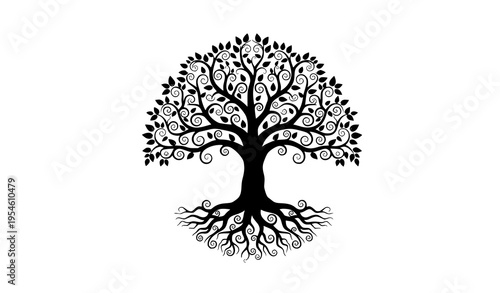 Decorative black Tree of Life vector illustration with curly roots and twisting branches on white background