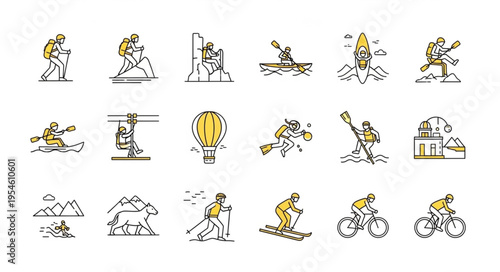 Collection of various sports activities and recreational pursuits in line art style.