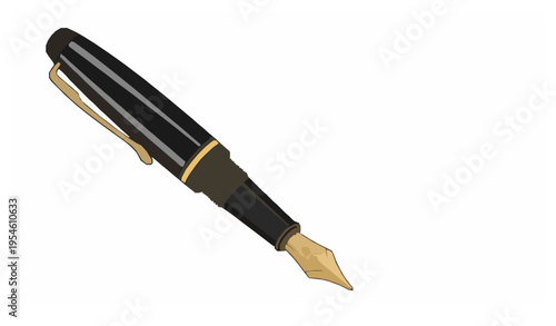 Luxury black and gold fountain pen vector illustration with ornate nib on white background