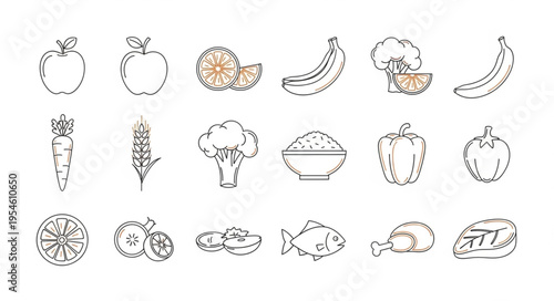 Assortment of sketched fruits and vegetables, a healthy food illustration.