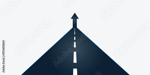 A dark blue road with a white dashed line leading straight up into an arrow, symbolizing progress, direction, and future success.
