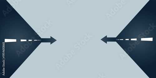 Abstract graphic illustration of two opposing arrows with dashed lines converging in a central light area, symbolizing interaction or a meeting point.
