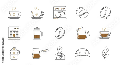 Coffee-themed illustrations featuring various brewing methods and related items.