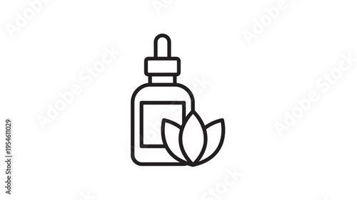 Bottle with dropper icon and lotus flower, symbolizing natural essential oils for beauty and wellness products.