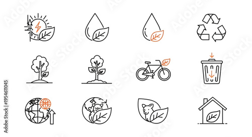 Collection of eco-friendly icons representing environmental sustainability and conservation.