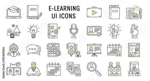 Collection of E-Learning User Interface Icons for Educational Purposes.