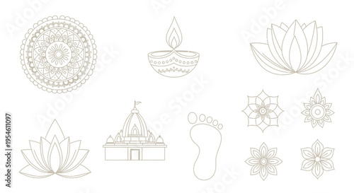 Collection of Indian cultural symbols including lotus flowers, diyas, temple, mandala, and footprint