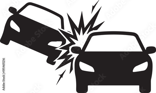 Frontal car collision icon illustrating dangerous head on accident with jagged impact lines for automotive safety and insurance claim visual aids