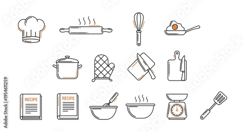 Collection of kitchen utensils and cooking tools for culinary activities and food preparation.