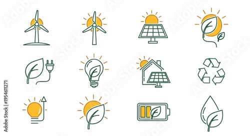 Collection of hand-drawn renewable energy icons representing sustainability and eco-friendliness.