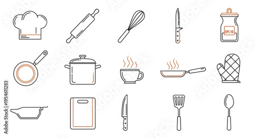 Collection of kitchen utensils and cooking tools, perfect for culinary projects and food preparation.