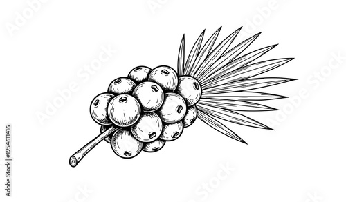 Hand-drawn sketch vector of açai berries with palm leaf in black outline on white background