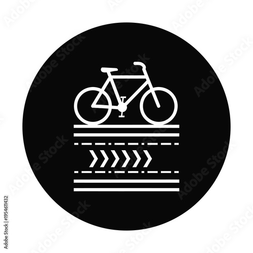Bicycle lane road sign with white markings on black circle background icon
