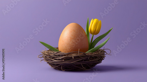 easter eggs in a nest with a yellow tulip on purple background