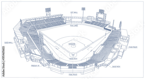 Blueprint of a Baseball Stadium, Aerial View, Sports Arena Design, White Background