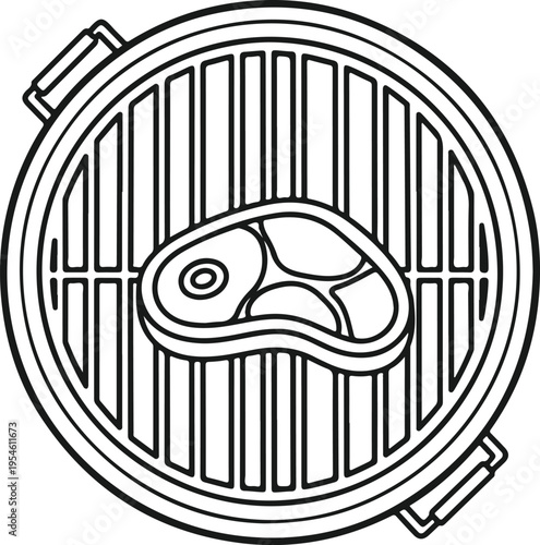 Grilled meat steak on round barbecue grill with metal grate isolated vector illustration on transparent background for backyard cookout party menu