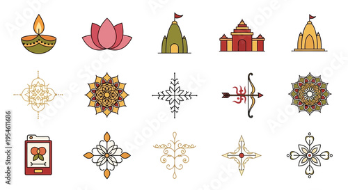 Collection of Indian cultural icons including a diya lamp, lotus flower, temple, and decorative motifs