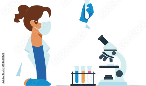 Female doctor scientist holding test tube in laboratory researching healthcare innovation and medical experimentation minimal outline vector illustration