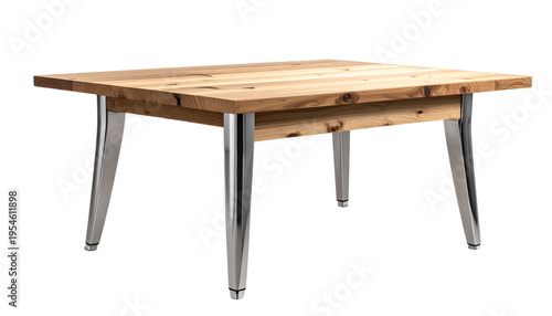 An empty, antique brown wooden table with a simple design sits on a white background.
