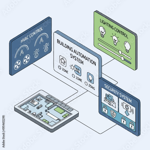 Isometric illustration of a building automation system with HVAC, lighting, and security controls.