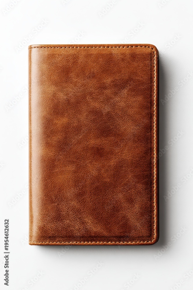 Fototapeta premium Brown leather notebook on white background, closed, textured cover and minimalist design