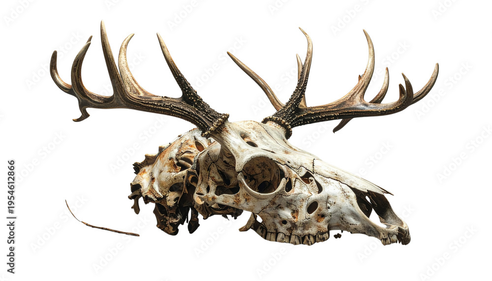 Fototapeta premium A lone red deer head with beautiful antlers; a wild animal skull on a white background.