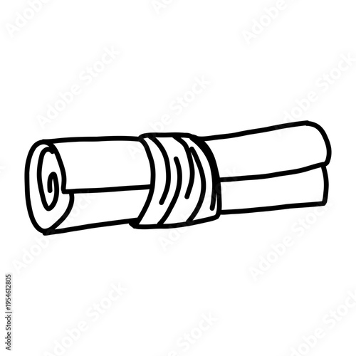 Magic scroll doodle for game and fantasy adventure. Ancient parchment paper with ribbon icon in simple sketch style