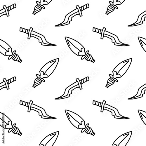 Seamless pattern with dagger and knife doodles. Medieval weapon background for wrapping paper, textile, and game design in simple line style