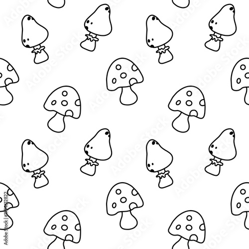 Seamless pattern with mushroom and fly amanita doodles. Magic forest background for textile, wallpaper, and game design in simple line style