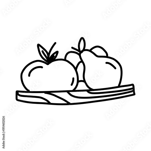 Fruit plate doodle with apple and pear. Medieval food object for tavern and kitchen interior in simple sketch style