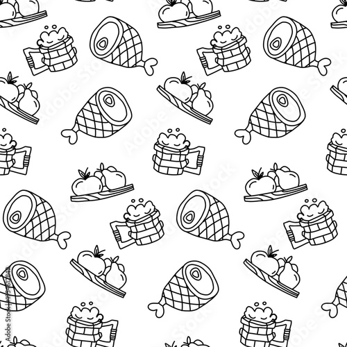 Seamless pattern with medieval tavern food doodles. Background with ham meat, beer mug, and fruit plate in simple line style