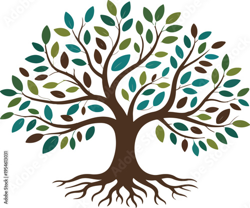 Tree of life with leaves and roots symbolizing nature growth balance and harmony minimal outline vector illustration design